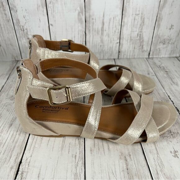 Comfortiva Melody Memory Foam Muted Gold Dusted Leather Zipper Strap Sandals 9.5 - Picture 3 of 8
